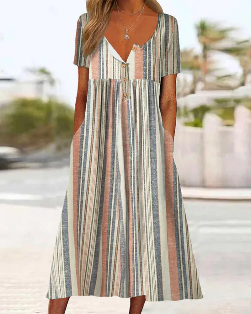 Modefest- Kleid mit gestreiftem Farbblockdruck und Tasche Grau