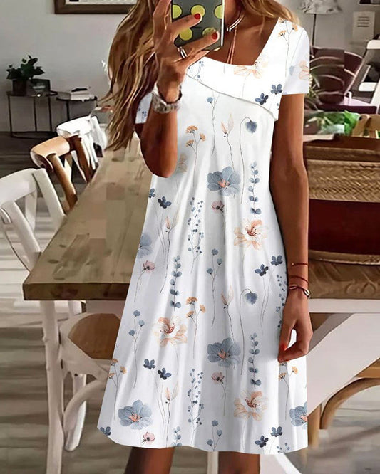 Modefest- Kleid mit kurzen Ärmeln in Blumenmuster Weiss