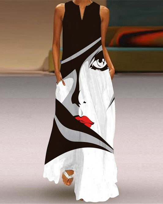 Modefest- Bedrucktes ärmelloses Maxikleid mit Taschen Weiß