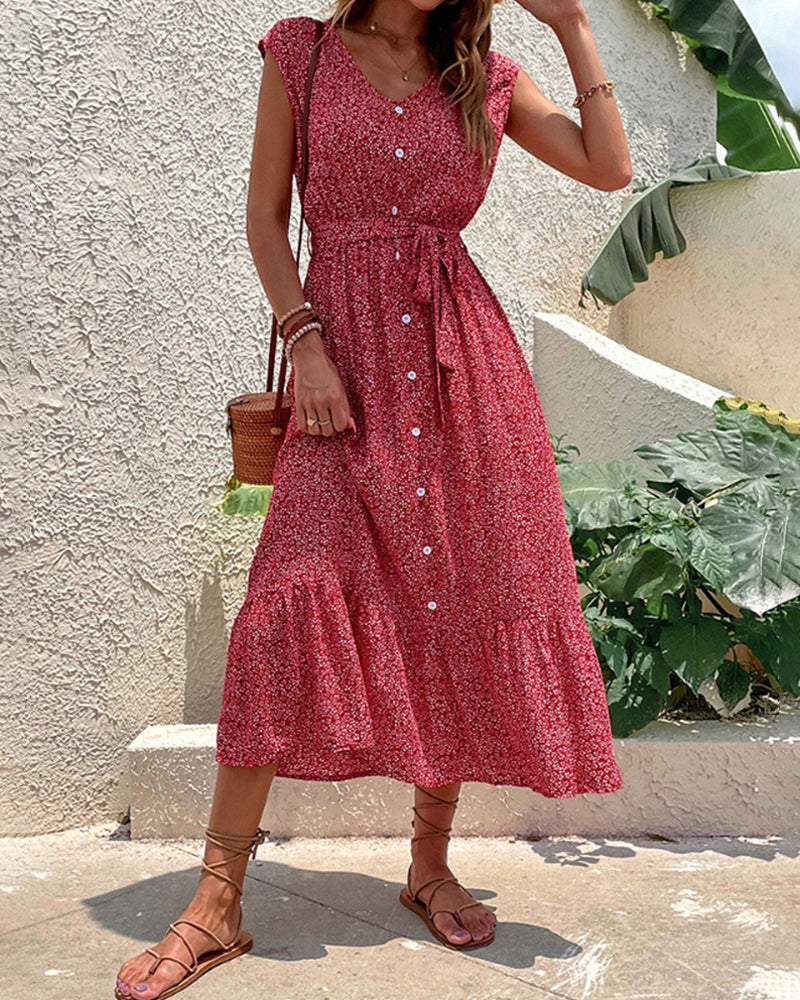 Modefest- Urlaubskleid mit Blumenmuster und kurzen Ärmeln Rot
