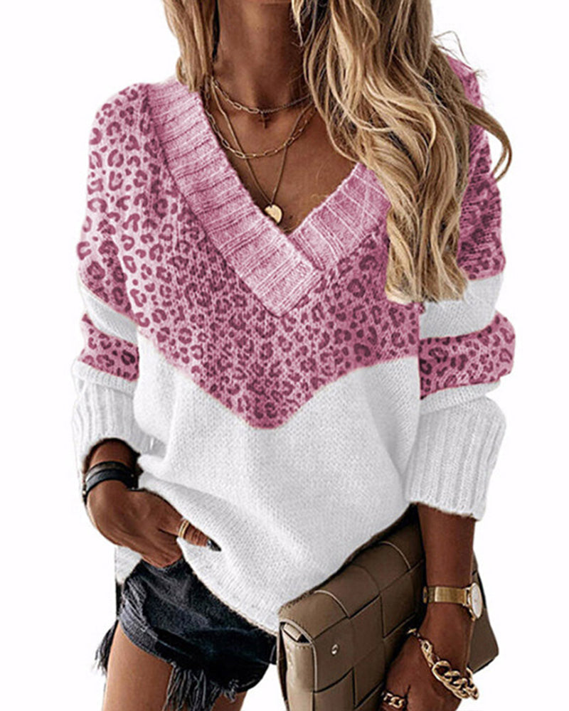 Modefest- Pullover mit Leopardenmuster und V-Ausschnitt Rosa