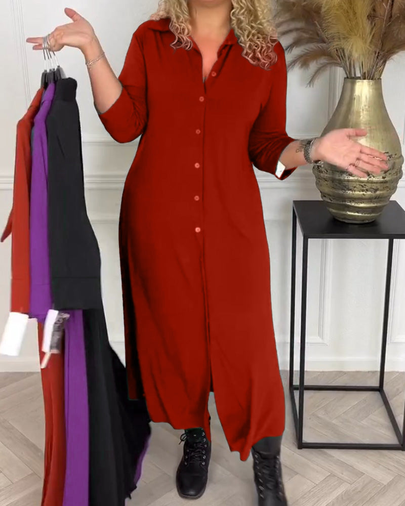 Modefest- Einfarbiges Hemdkleid mit Knöpfen Rot