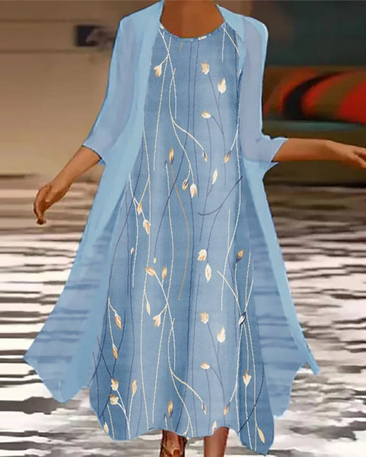 Modefest- Kleid mit Blumenmuster und 3/4-Ärmeln Himmelblau
