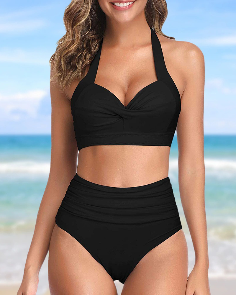 Modefest- Neckholder-Bikinis mit hoher Taille in Volltonfarbe