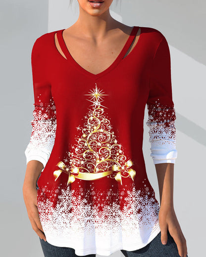 Modefest- Top mit Schneeflocken-Weihnachtsbaum-Print