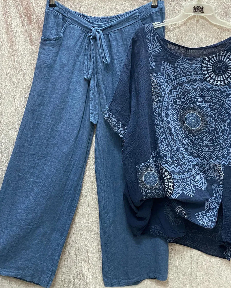 Modefest- Zweiteiliges Set aus Bluse und elastischer Taillenhose mit Druck Blau