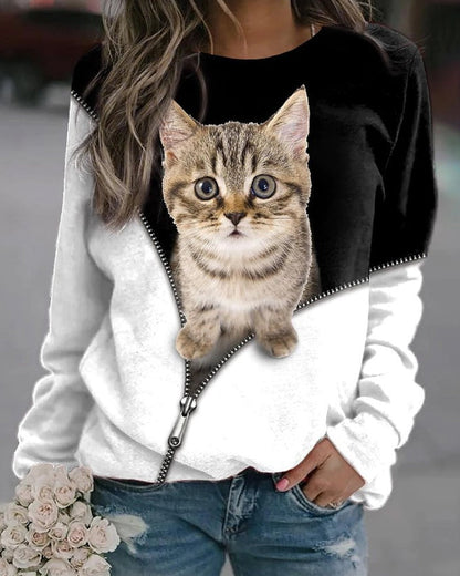 Modefest- Langarm-Sweatshirt mit Rundhalsausschnitt und Katzen-Print Weiß
