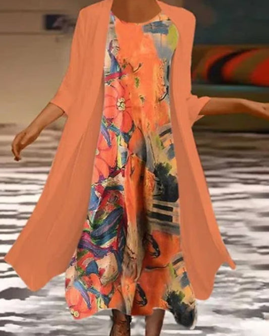 Modefest- Zweiteiliges Set mit Rundhalsausschnitt und Blumendruck Orange