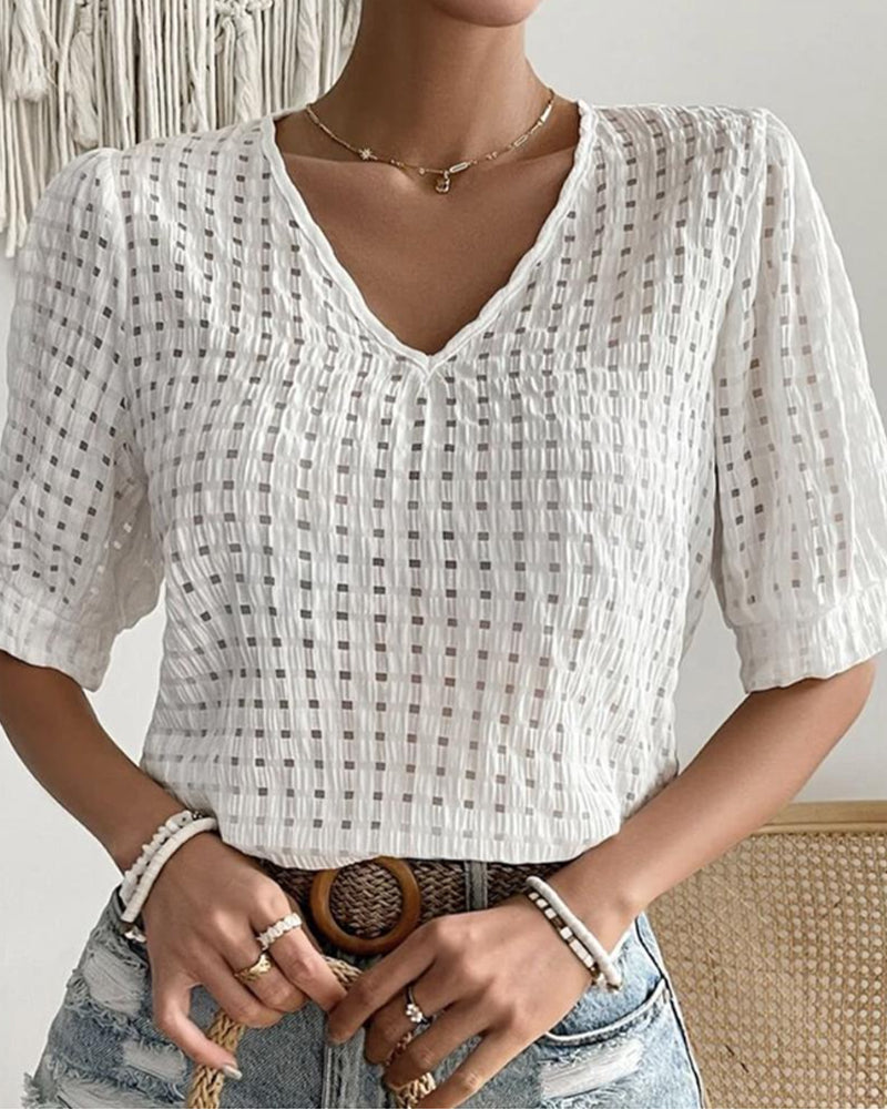 Modefest- Einfarbige Bluse mit V-Ausschnitt und kurzen Ärmeln Weiß