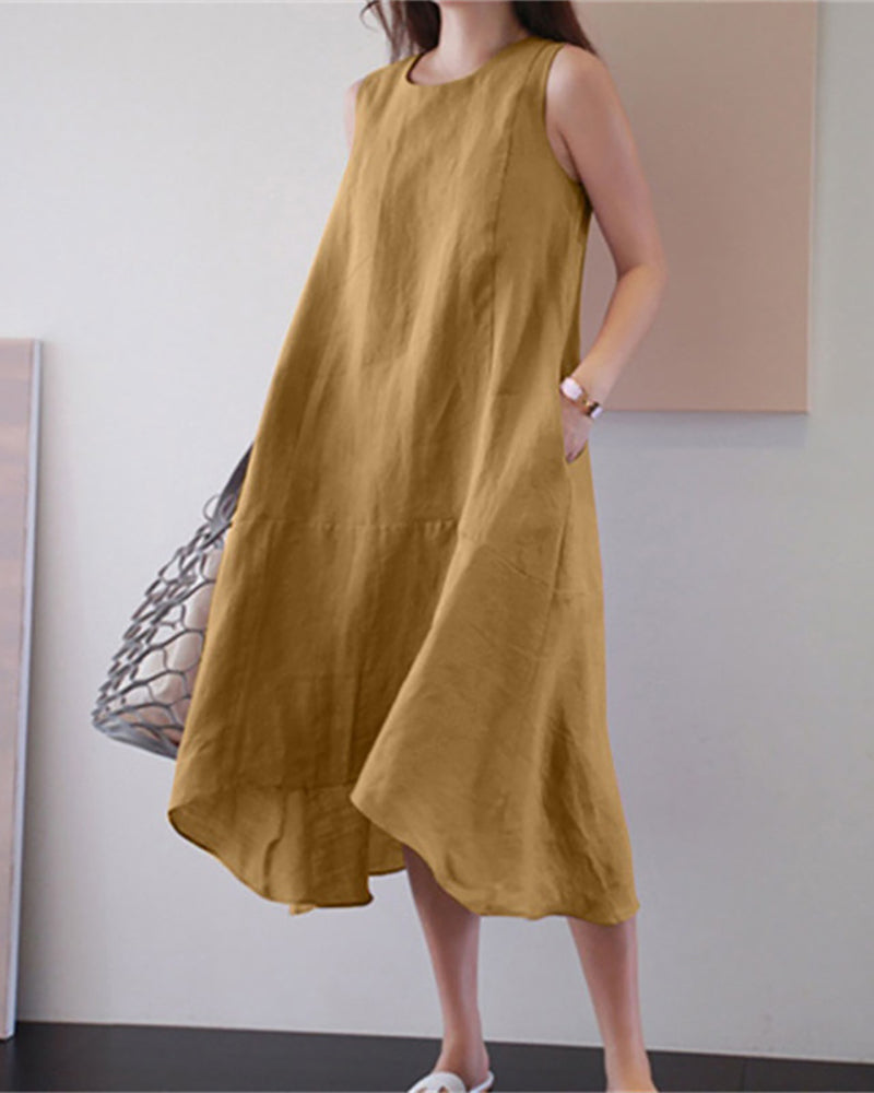 Modefest- Ärmelloses Kleid aus einfarbigem Baumwollleinen Gelb
