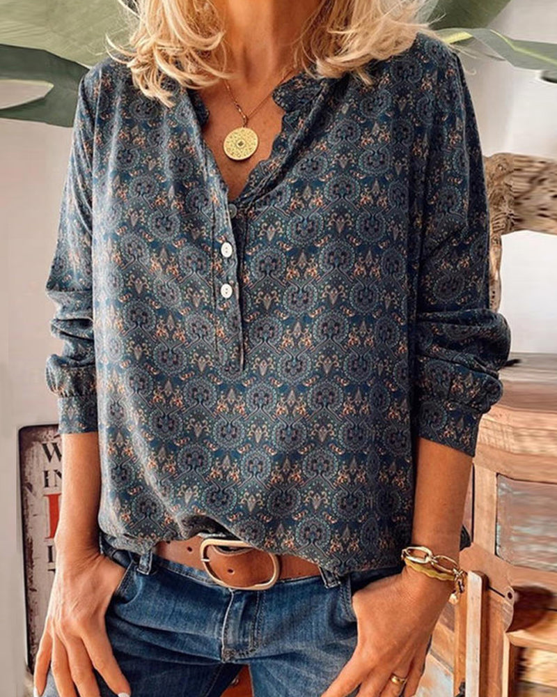 Modefest- Langarm-Bluse mit Vintage-Print Marineblau