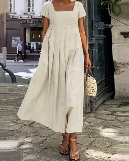 Modefest- Kleid mit quadratischem Kragen aus Baumwolle und Leinen Beige