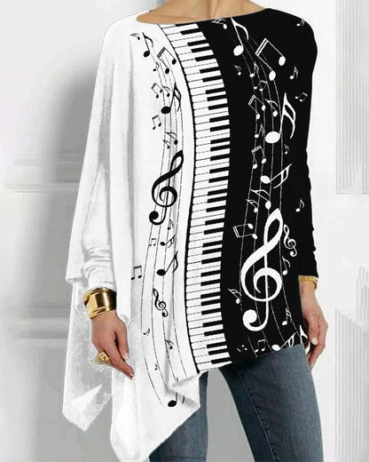 Modefest- Unregelmäßiges Langarm-Top mit Piano-Print Schwarz