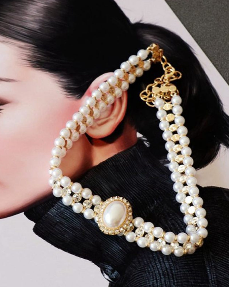 Modefest- Weißer und schwarzer Hepburn-Kunstperlenschmuck Weiße Perlen-Edelstein-Diamant-Halskette