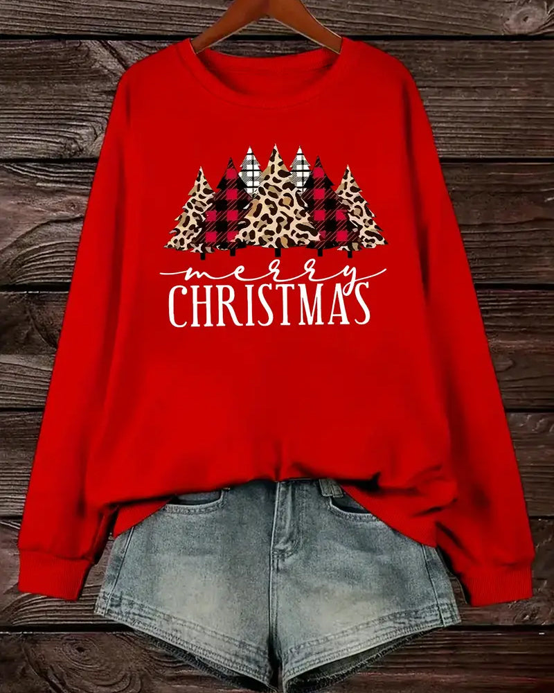 Sweatshirt mit rundhalsausschnitt und weihnachtsbaum-print