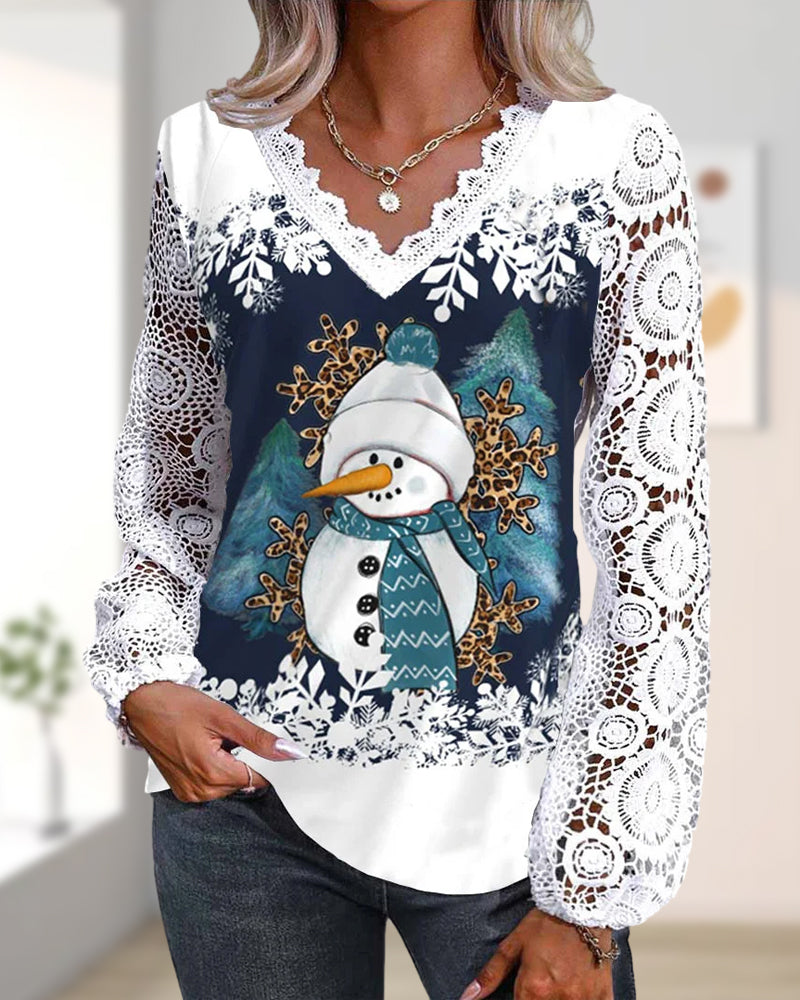 Modefest- Bluse mit Spitzen- und Schneemannmuster