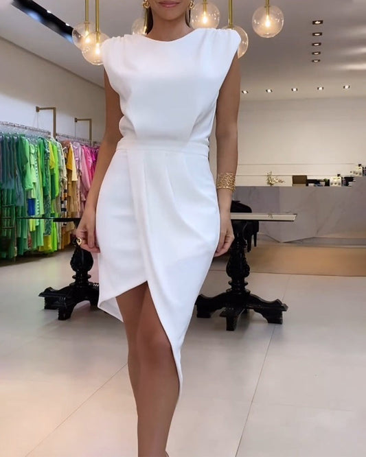 Modefest- Ärmelloses, einfarbiges, elegantes Kleid Weiß