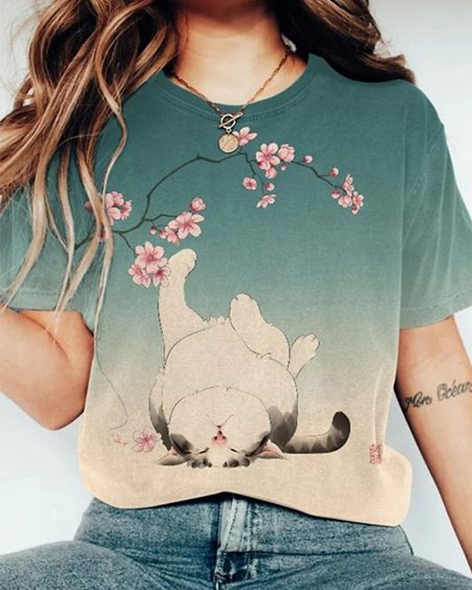 Modefest- Lässiges T-Shirt mit Katzen-Blumendruck