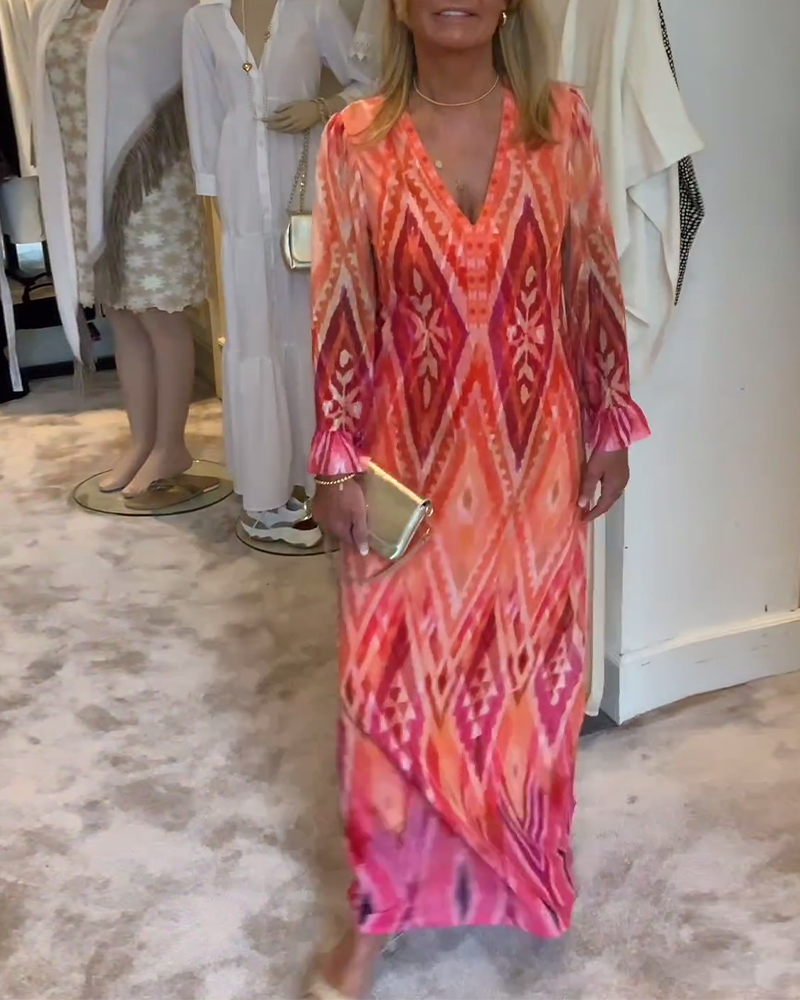 Modefest- Langärmliges Kleid mit tiefem V-Ausschnitt und geometrischem Print im Retro-Look