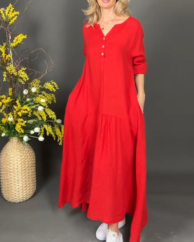 Modefest- Kleid aus einfarbigem Baumwoll- und Leinenmaterial