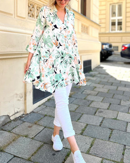 Blouse élégante col V à imprimé fleuri