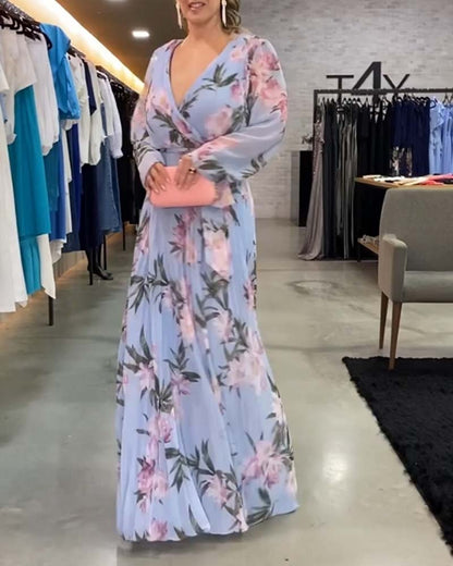 Modefest- Langärmeliges Kleid mit V-Ausschnitt und Blumendruck