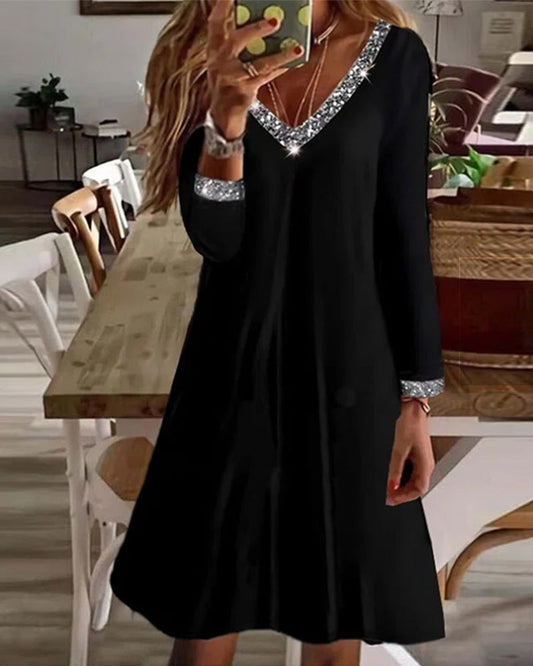 Modefest- Einfarbiges Kleid mit Pailletten und V-Ausschnitt Schwarz