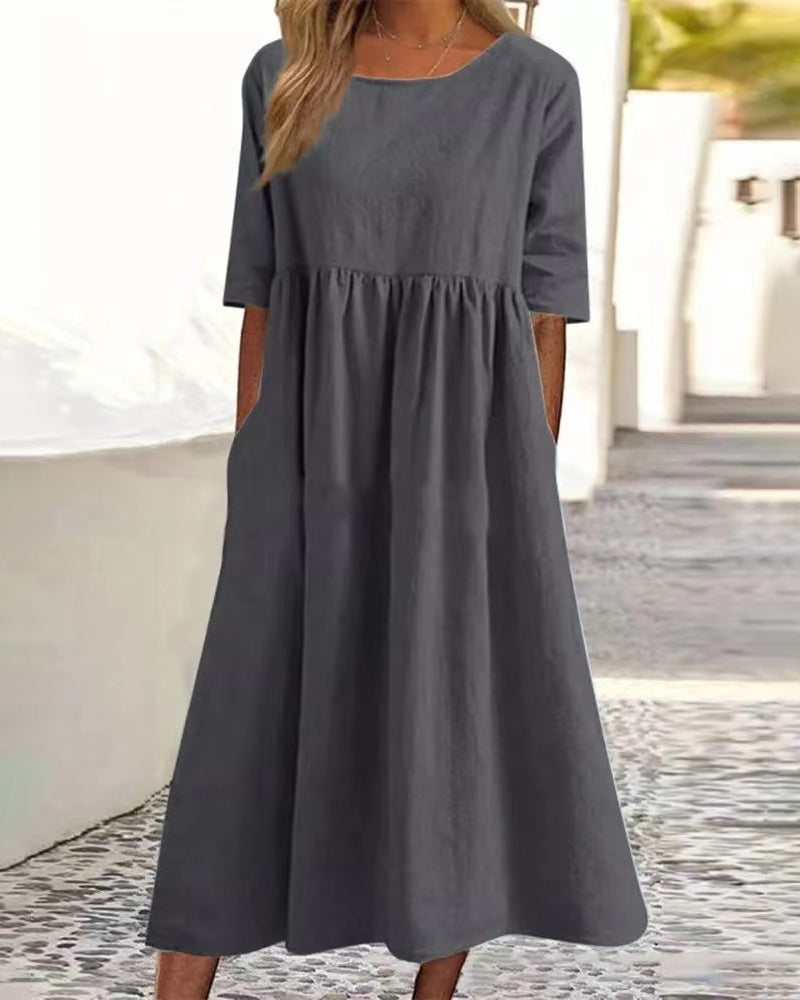 Modefest- Einfarbiges Kleid aus Baumwollleinen Grau
