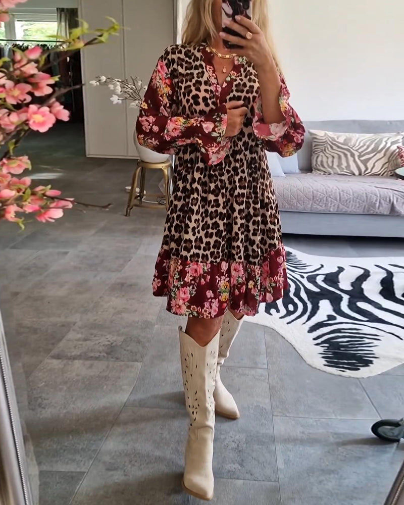 Fashionable bell sleeve dress with leopard floral print