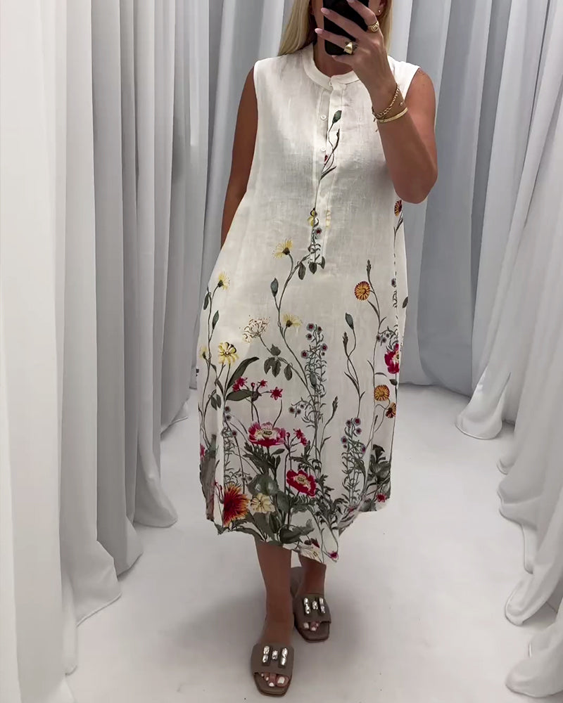 Robe élégante sans manches avec imprimé floral et boutons