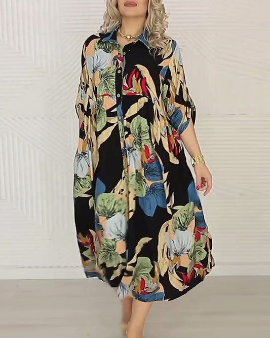 Loose, colorful printed dress with lapels