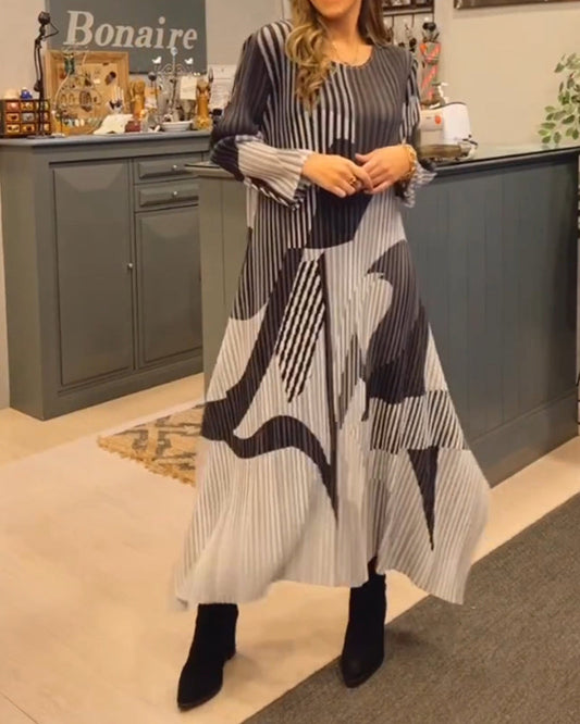 Modefest- Gestreiftes langes Kleid mit Rundhalsausschnitt Grau