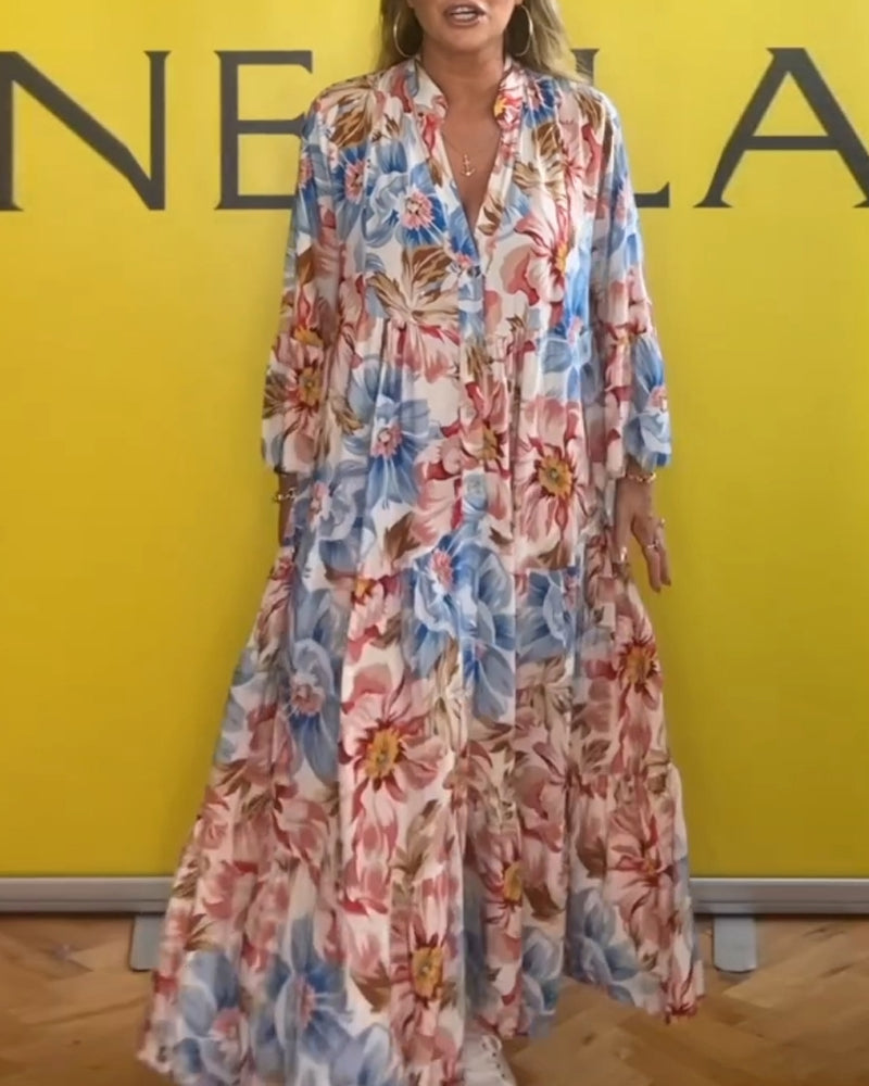 Modefest- Kleid mit kontrastierendem blumendruck und v-ausschnitt