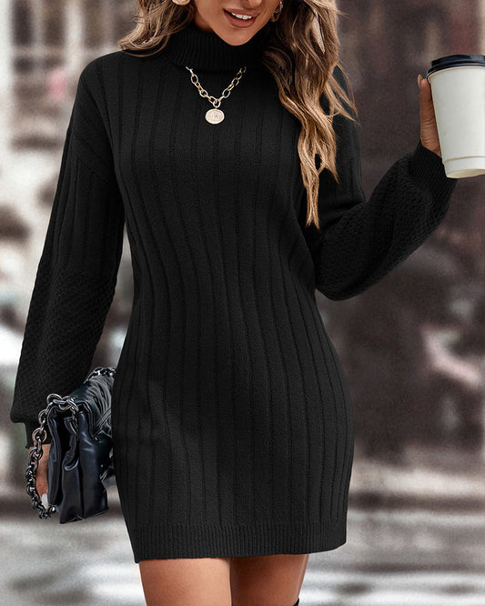 Modefest- Hochgeschlossenes einfarbiges Pulloverkleid Schwarz