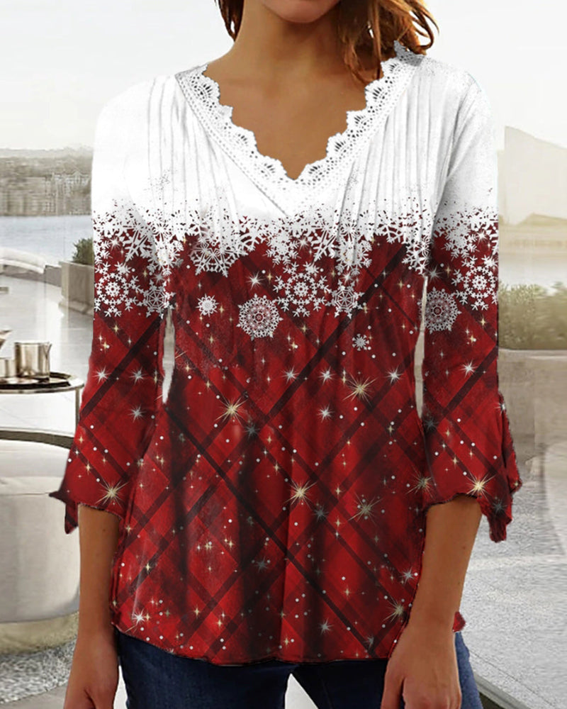 Modefest- Snowflake Print V-Ausschnitt Top Rot