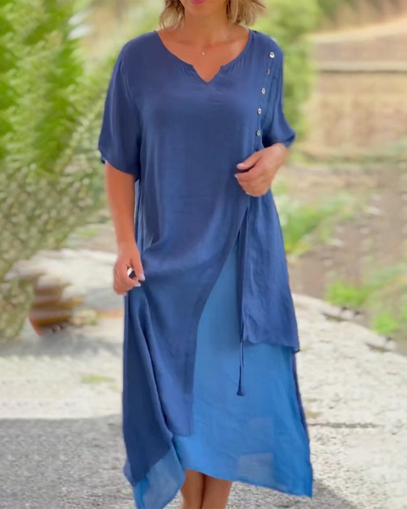 Modefest- Lässiges asymmetrisches Kleid mit kurzen Ärmeln Blau