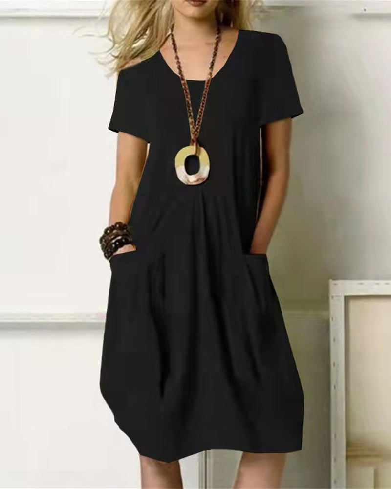 Modefest- Einfarbiges Kleid mit kurzen Ärmeln und Rundhalsausschnitt Schwarz