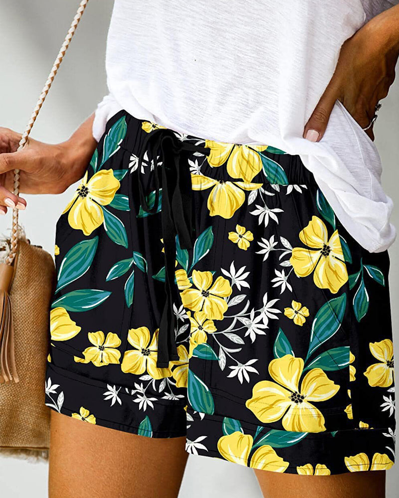 Modefest- Bunte Shorts mit Blumendruck Gelb