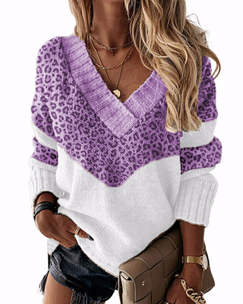 Modefest- Pullover mit Leopardenmuster und V-Ausschnitt Violett