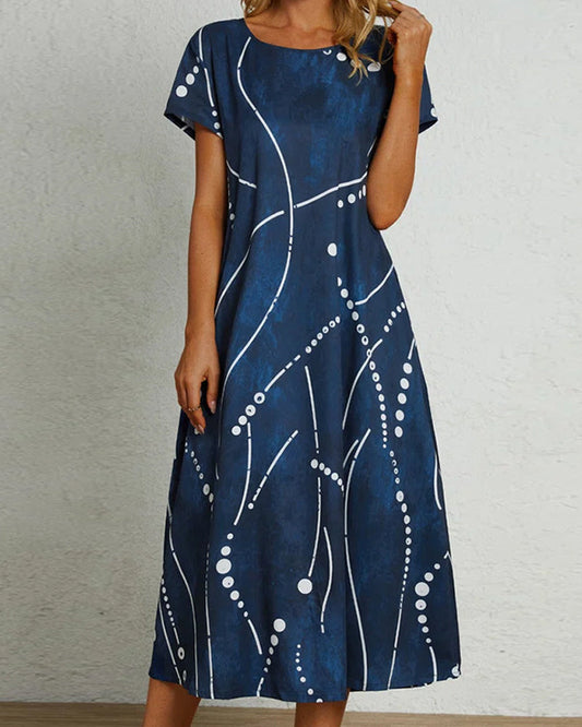 Modefest- Bedrucktes Modekleid mit kurzen Ärmeln Marineblau
