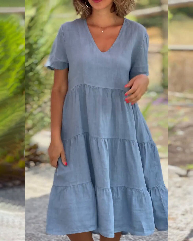 Modefest- Einfarbiges Kleid aus Baumwollleinen mit V-Ausschnitt Blau