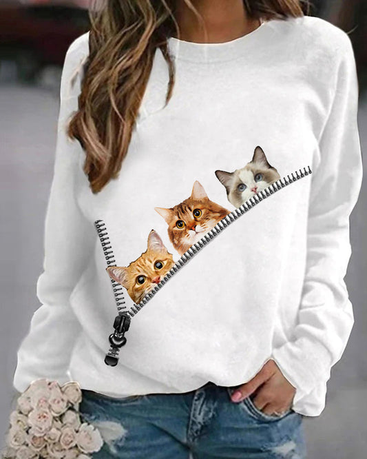 Modefest- Pullover mit Cat-Print Weiß