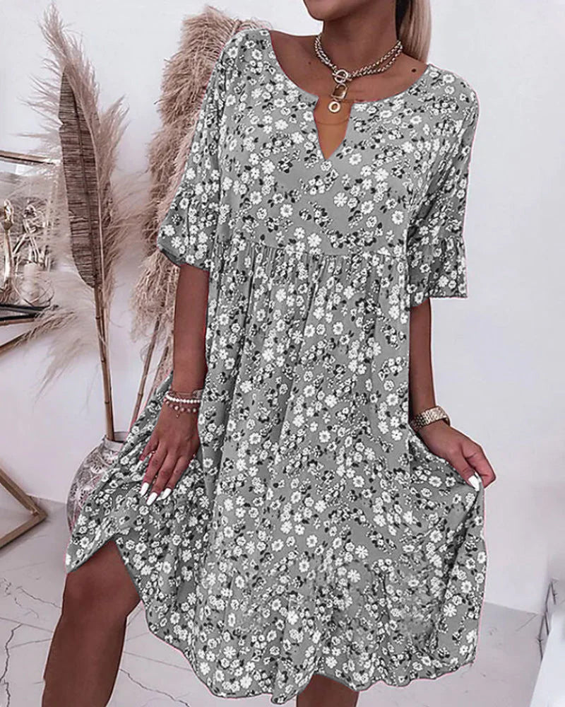 Modefest- Kleid mit halben Ärmeln und Blumendruck Grau