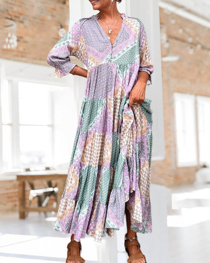 Modefest- Kleid mit Farbblockdruck und 3/4-Ärmeln