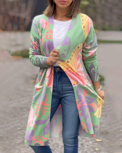 Modefest- Mehrfarbig bedruckter Taschen-Cardigan