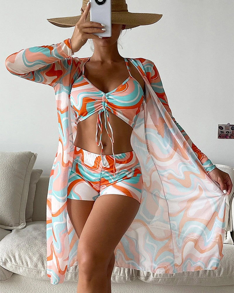 Modefest- Dreiteiliger bedruckter Bikini-Badeanzug