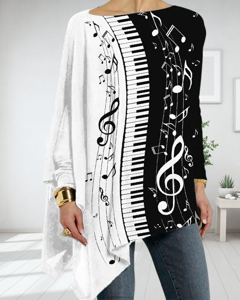 Modefest- Unregelmäßiges Langarm-Top mit Piano-Print