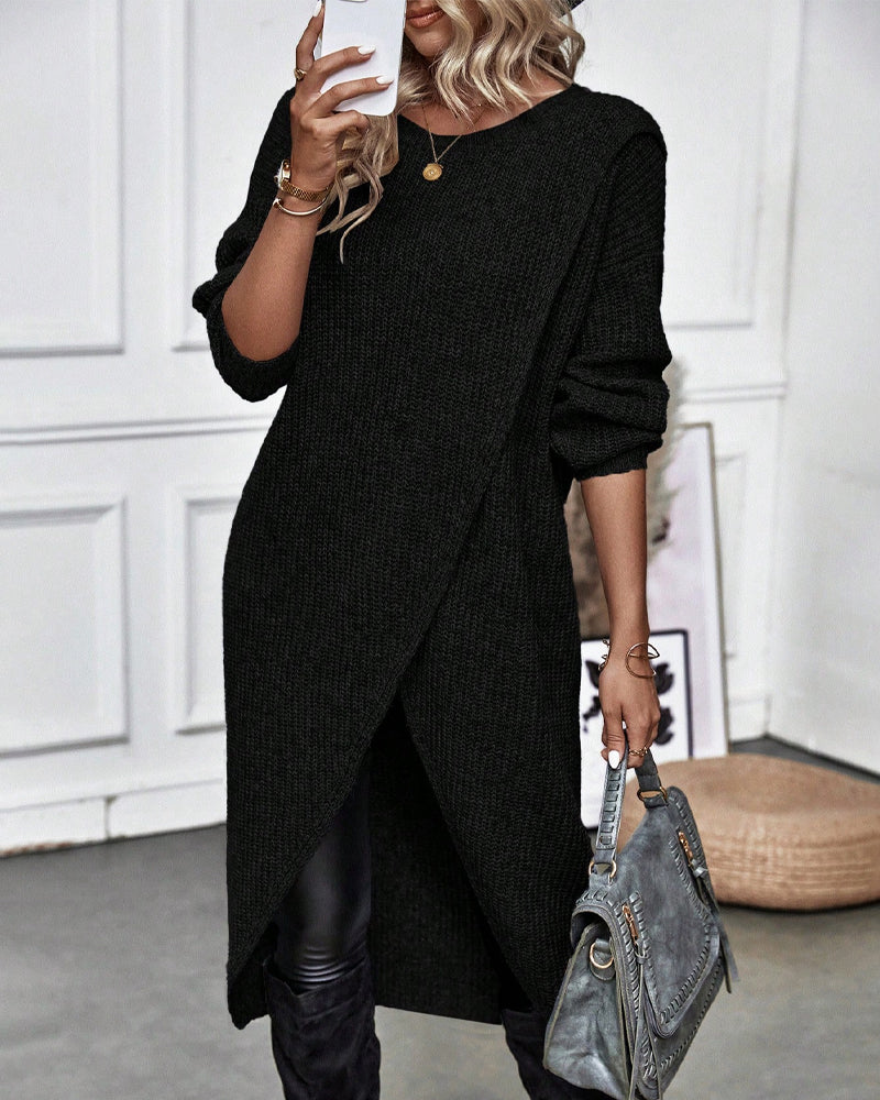 Modefest- Einfarbiges Pulloverkleid mit unregelmäßigem Saum Schwarz