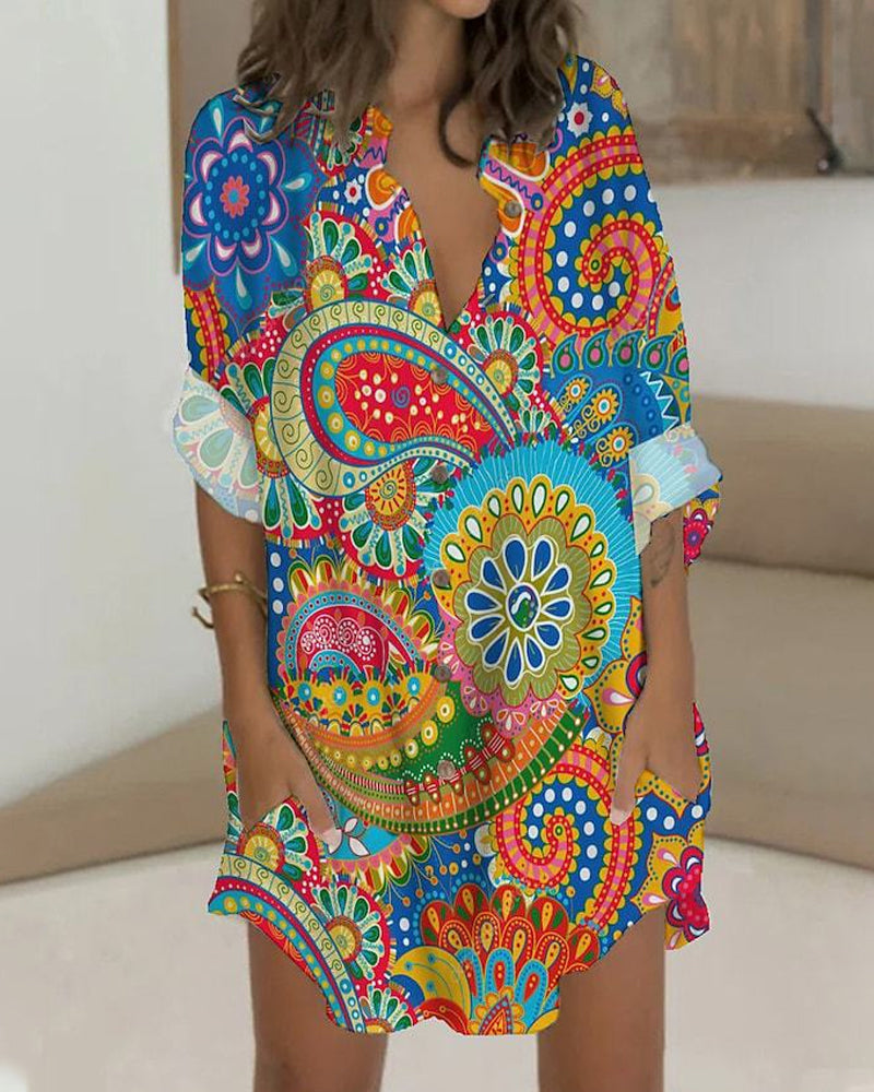 Modefest- Geknöpftes Kleid mit langen Ärmeln und Tasche Mehrfarbig