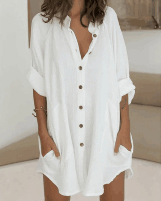 Modefest- Solides Hemdblusenkleid mit Knopf und Tasche Weiß